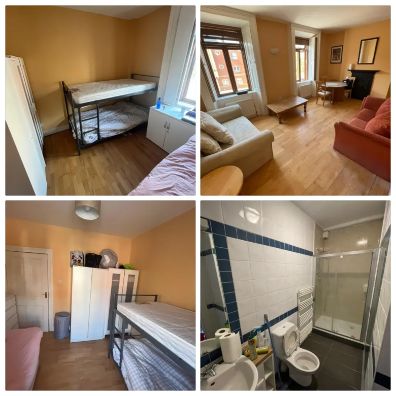 Apartment interior: bedroom with bunk beds, living room, and bathroom with shower.