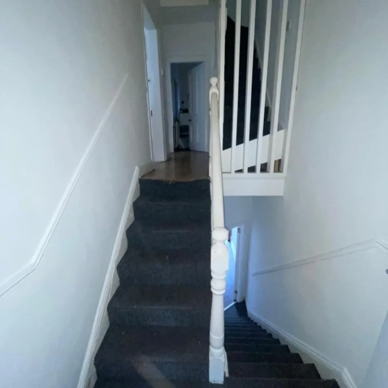 Carpeted staircase with white banister in hallway.