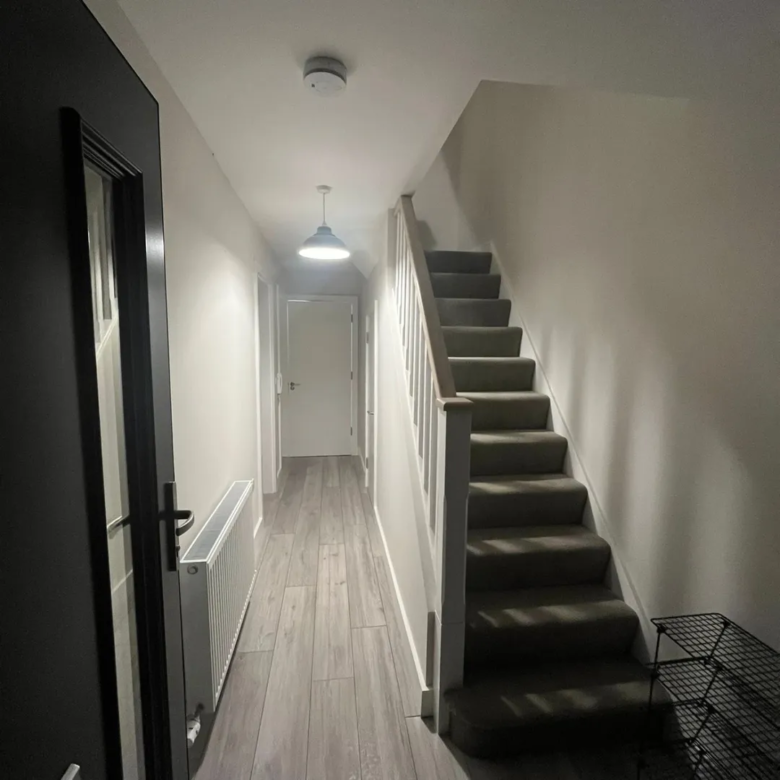 Hallway with stairs, radiator, and light wood-effect flooring.