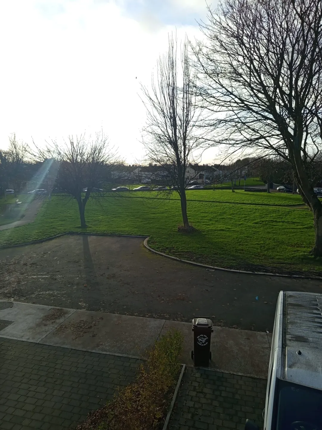 Park scene with green grass, bare trees, a bin, and a vehicle, under a bright sky.