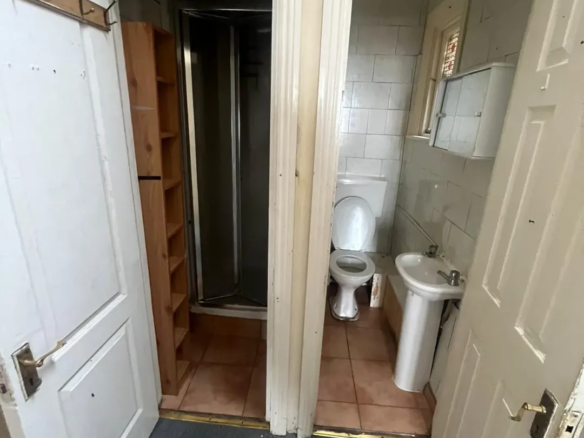 Small bathroom with shower, toilet, and sink, viewed through doorways.