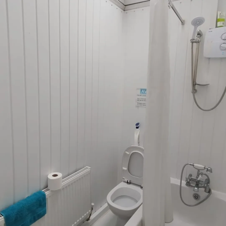 Small white bathroom with toilet, shower, and radiator. Blue towel on the radiator.