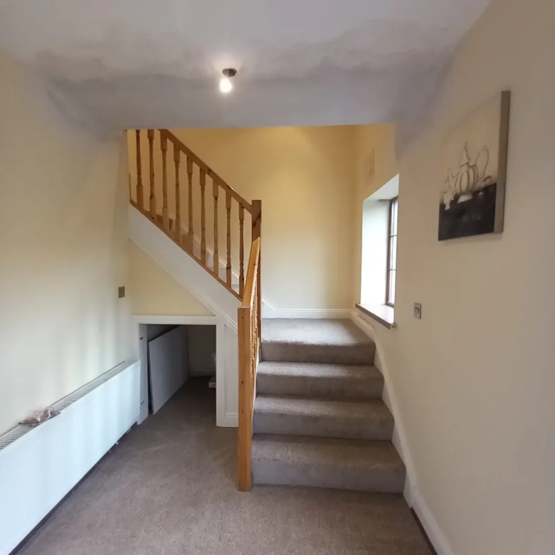 Staircase with carpeted steps, wood railing, and under-stairs storage in a light yellow hallway.
