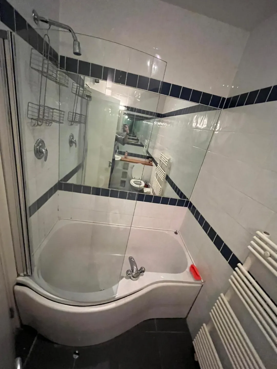 Curved Bathtub Glass Shower Small Bathroom Bathroom with curved bathtub, glass shower screen, and towel warmer.
